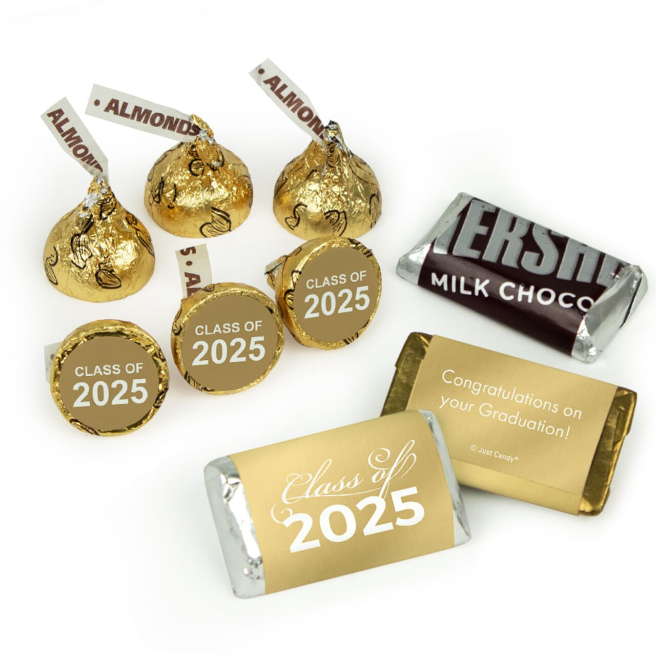 Gold Graduation Miniatures & Stickered Almond Kisses Assortment by Just Candy